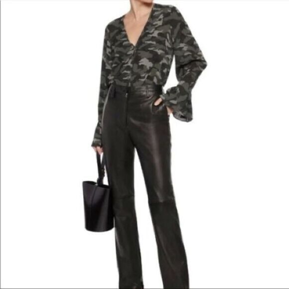 JOIE Laticia Green Camo Caviar Bell Sleeve V Neck Blouse Womens Small - Picture 1 of 8